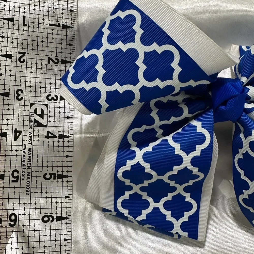 Mega Hair Bow. Royal Blue & White Patterned Grosgrain